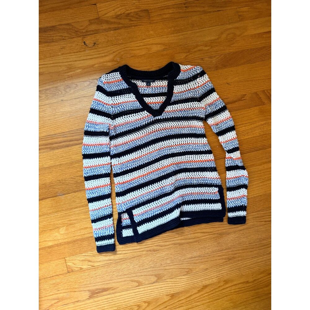 Tommy Hilfiger Crochet Open Knit Striped Sweater Small Navy Blue Orange